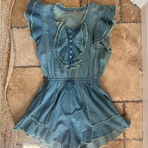 Free People Blue Flowy Shorts romper with Ruffled Design